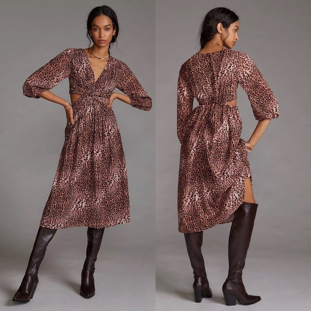 ANTHROPOLOGIE RANNA GILL BROWN MOTIF CHEETAH LONG SLEEVE CUT OUT MIDI DRESS